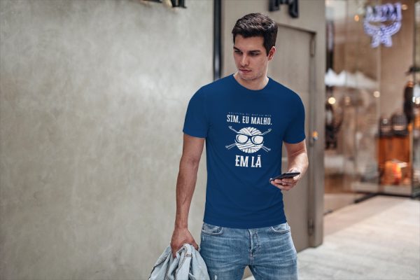 T Shirt mockup stylish man with phone on street 17