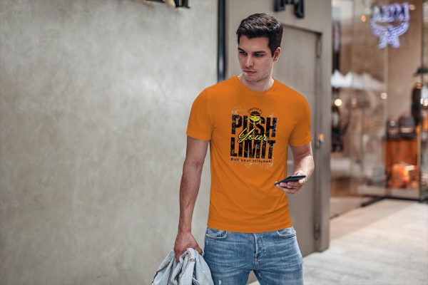 T Shirt mockup stylish man with phone on street 19