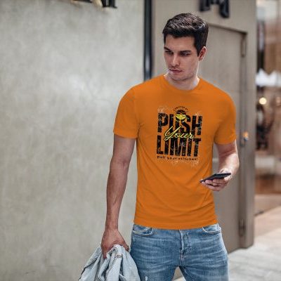 T-Shirt mockup stylish man with phone on street (19)